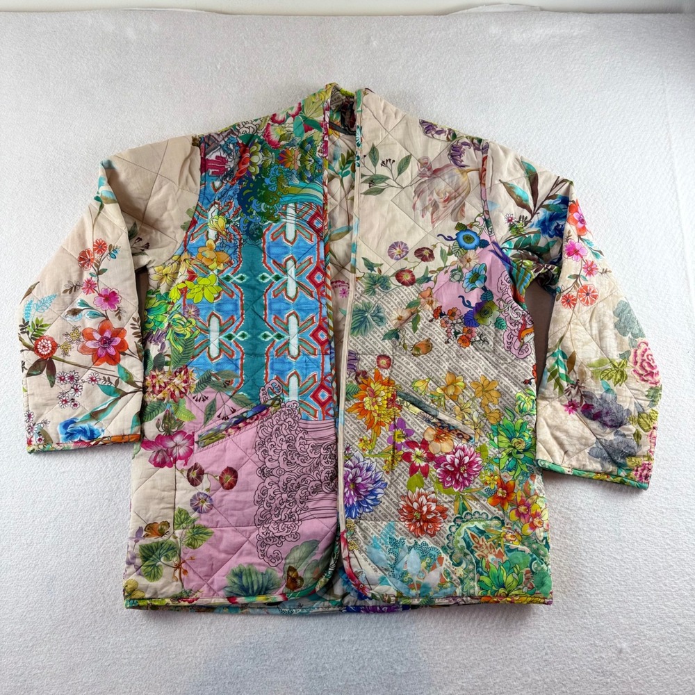 Johnny Was Dreamer Quilted Jacket Womens Multicolor Floral Patchwork Boho L